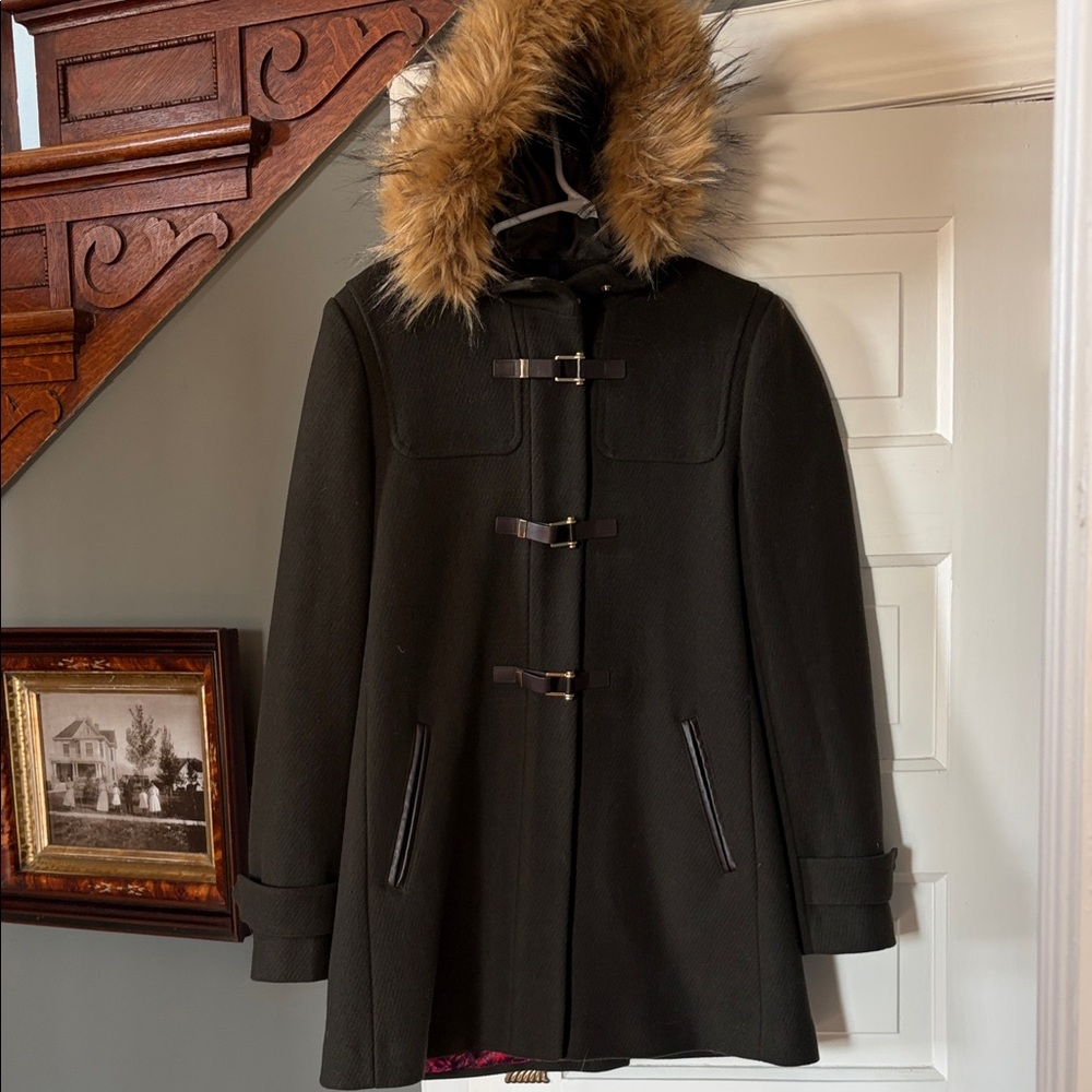 Cole Haan Dark Green Toggle Coat with Faux Fur Hood